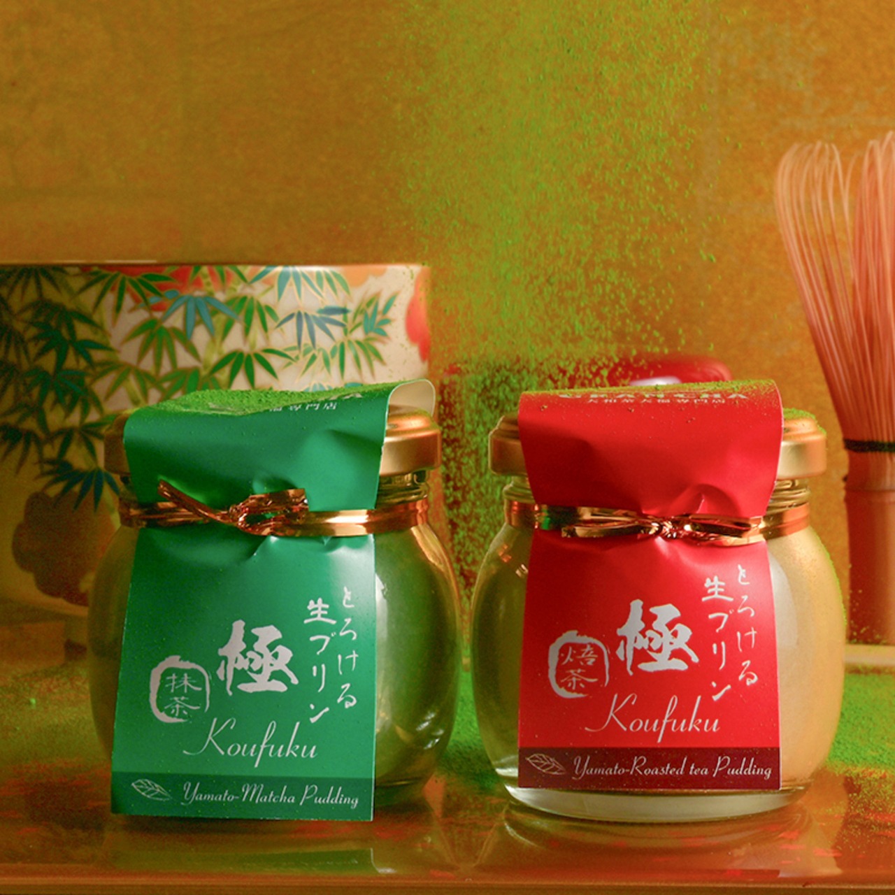 ■お歳暮・熨斗付き■＜風呂敷包み＞口福餅6個入全種と口福極プリン6個（抹茶・ほうじ茶各3個） のセット/化粧箱入り・贈呈用紙袋付き※送料別