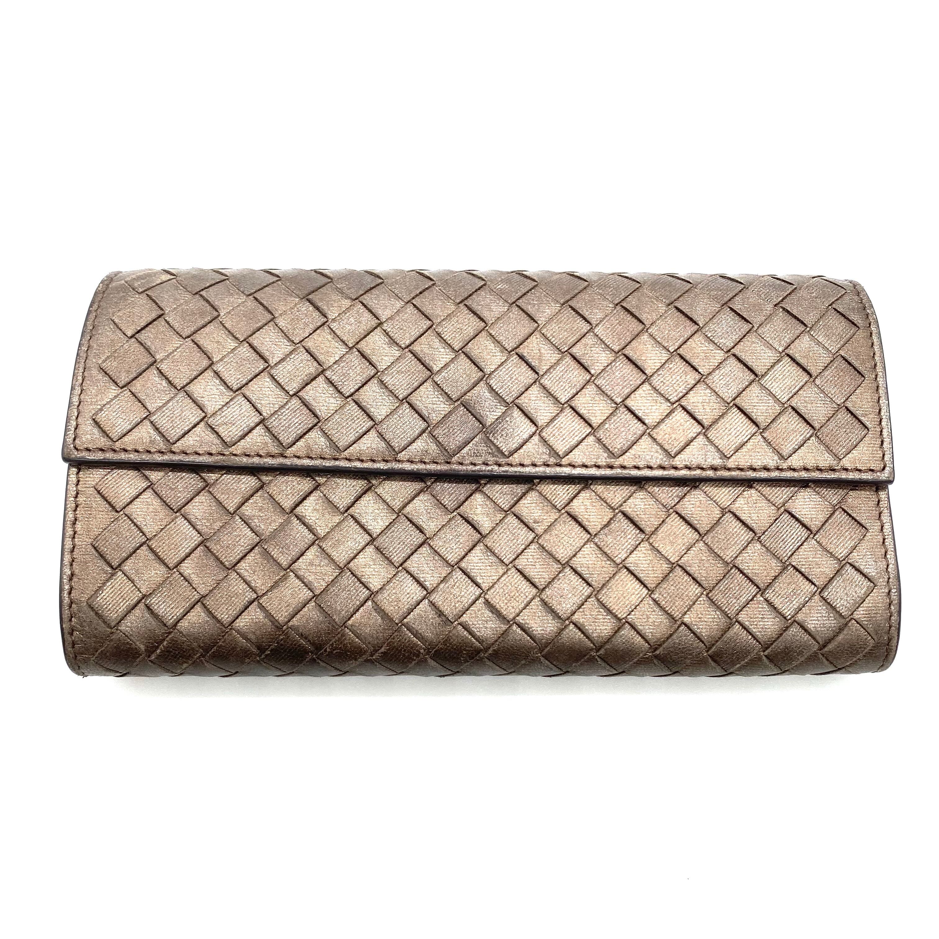 Bottega Veneta Intrecciato Leather Long Wallet Champagne gold 