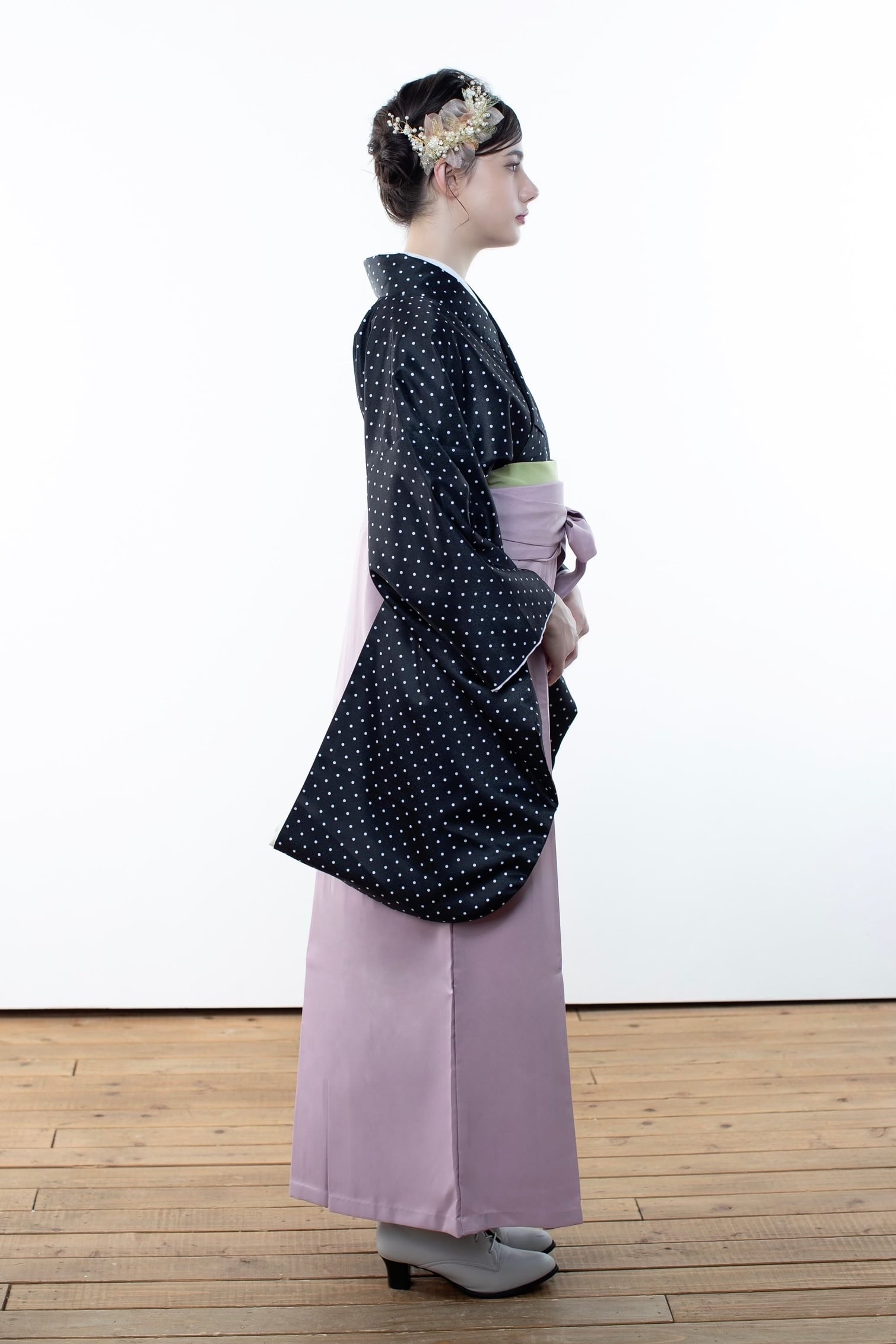 Kimono Sienne 卒業式袴3点セット 黒 ドット柄 水玉 袴 二尺袖着物 袴