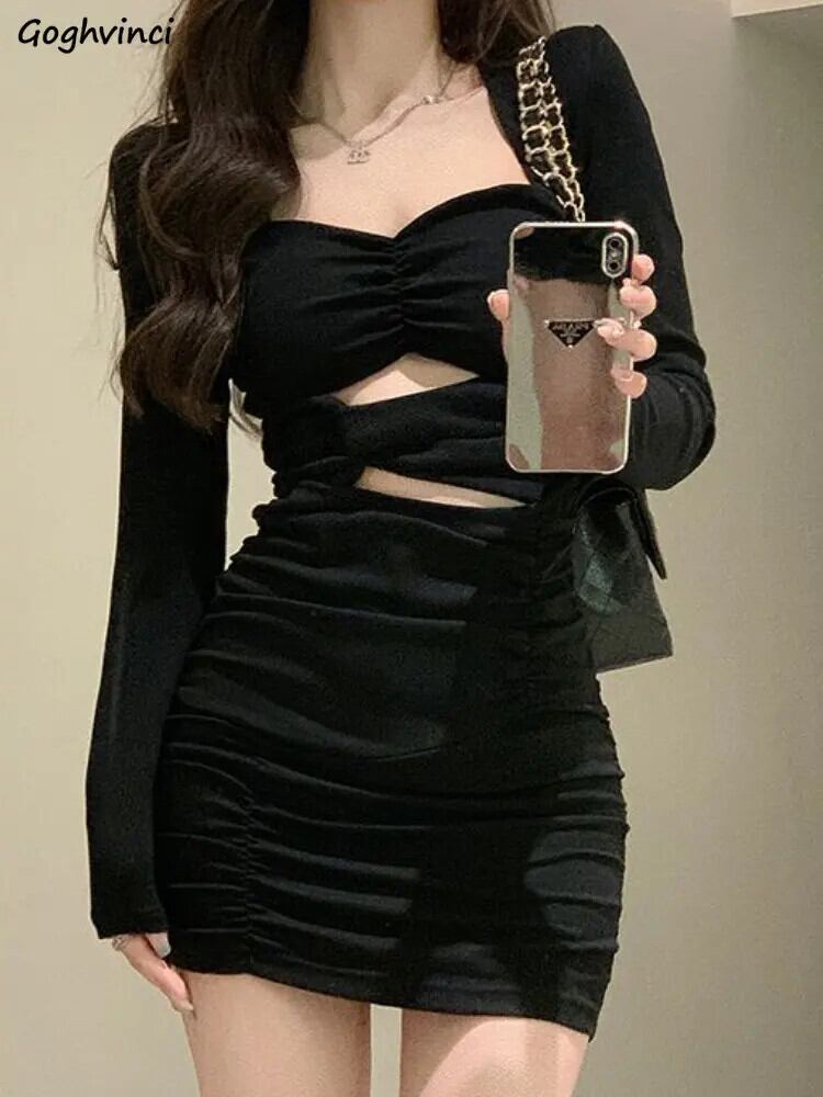 【新作】【送料無料】 黒のミニドレスの女性のセクシーなヴィンテージ中空アウトボディコン Vestidos パーティー長袖ストリートエレガントなスキニーインファッション秋 0314540168745