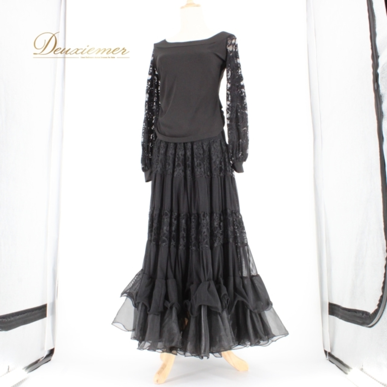 社交ダンス 衣装 スタンダード 上下セット ツーピース レッスンウェア パーティ衣装 ICHIOKU イチオク 黒 花柄 レース 長袖 フォーマル フォーマルウェア ワンピース 謝恩会 スカート 体型カバー おしゃれ おすすめ 可愛い パーティー ドレス ステージ衣装 クロスバック 伸縮性あり レディース スタイルアップ 高級感 着こなし 繊細なデザイン ブラック系