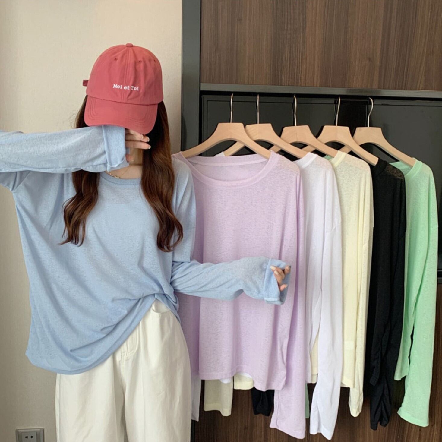 トップス レディース カットソー ロンT Tシャツ 長袖 薄手 透け感 ラウンドネック ゆったり モード系 ゆるっと かわいい 可愛い 大人可愛い カジュアル ナチュラル おしゃれ お洒落 大人女子 おとな こなれ感 ラブリー キュート ガーリー 個性的 レトロ 抜け感 存在感 リラックス OL 通勤 学生 通学 デート お出かけ 女子会 休日 旅行 春 夏 10代 20代 30代 40代 ママ 韓国 着回し 普段使い 体型カバー フリーサイズ ホワイト ブラック グリーン ブルー パープル 送料無料