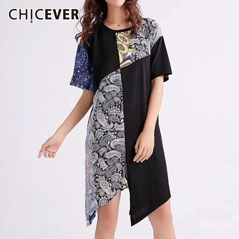 CHICEVERパッチワークヒットカラードレスレディースOネック半袖ルーズオーバーサイズアシンメトリードレス2020 ショート ハーフスリーブ 6base539068987527