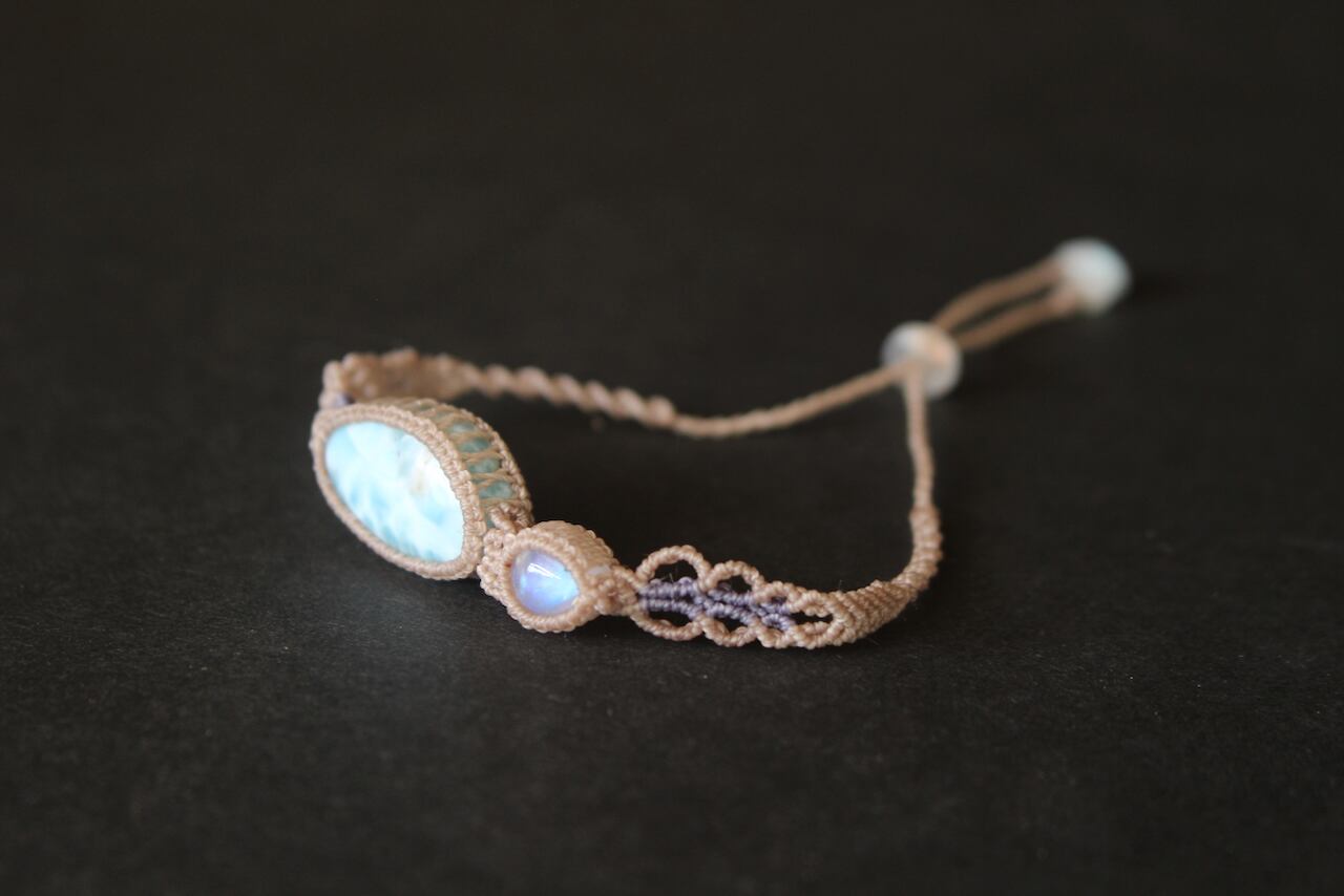 Larimar & Rainbow moonstone micro macrame bracelet