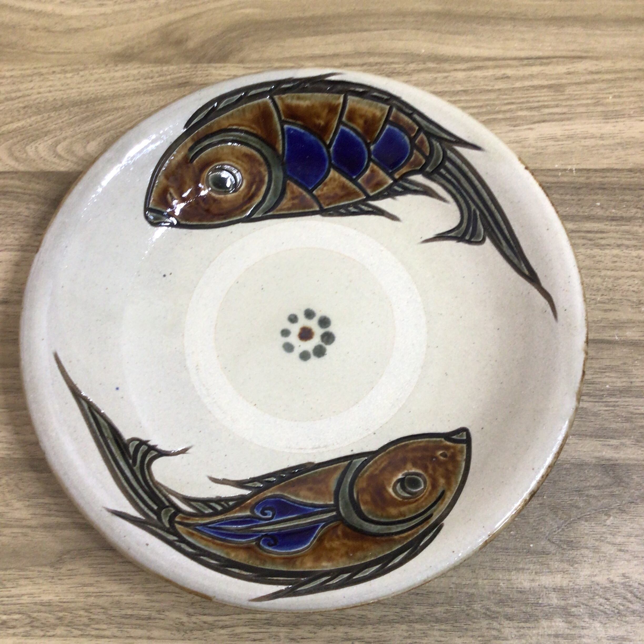 7寸皿重ね焼き 菊模様(青と緑) | 陶芸工房ふじ