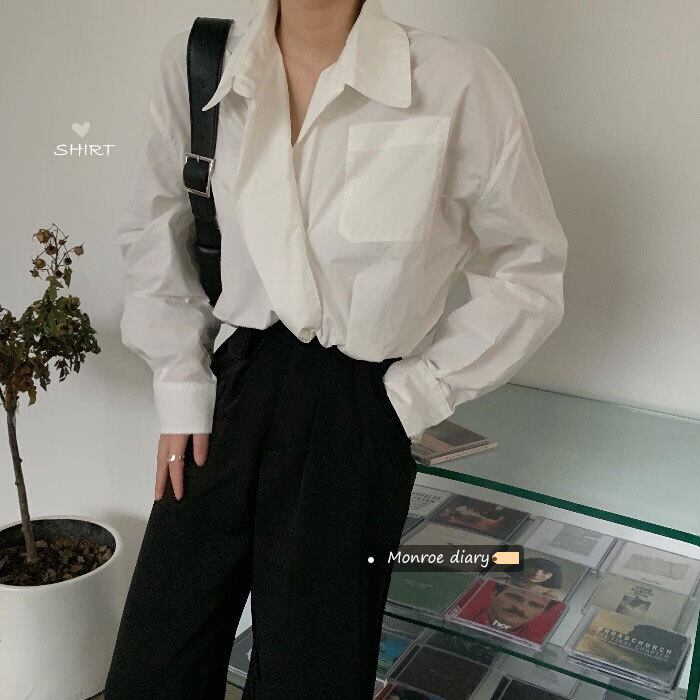 ホワイトシャツ オータムウィンタートップス スタンダードスタイルルーズ ロング レトロ 秋物 冬物 モンロー46305536009