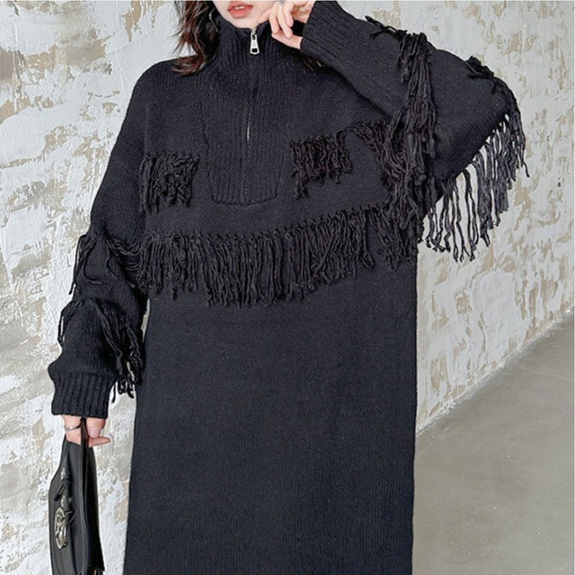 Tassel knit mid-length dress C0395