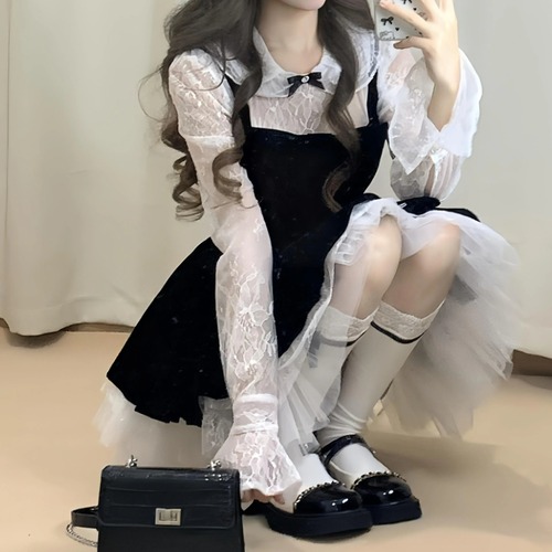 レースブラウスドッキングベロアワンピ ・73297