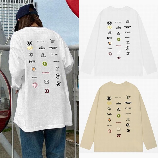 ユニセックス Tシャツ 長袖 ロゴ バックプリント ロンT オーバーサイズ カジュアル レトロ 韓国ファッション メンズ レディース ストリート系ファッション TBN-750386175045