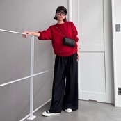 ノーカラーハーフジップニットPO/レッド