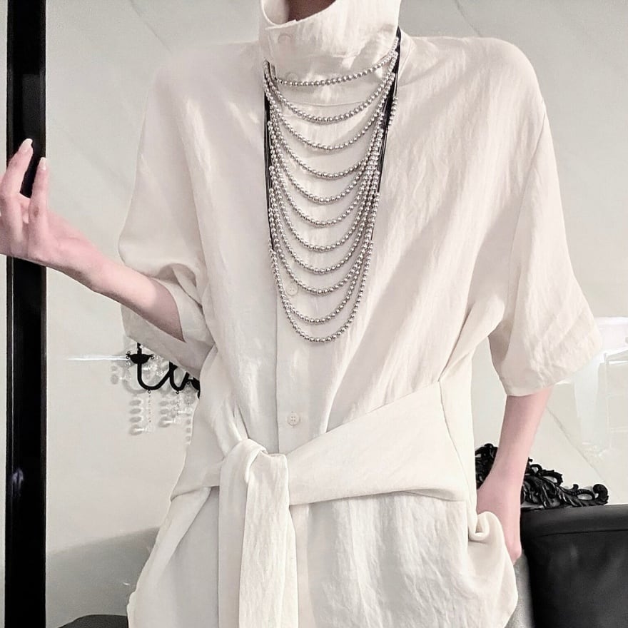 皇子系 生成りアシンメトリー半袖シャツ 男装コーデ