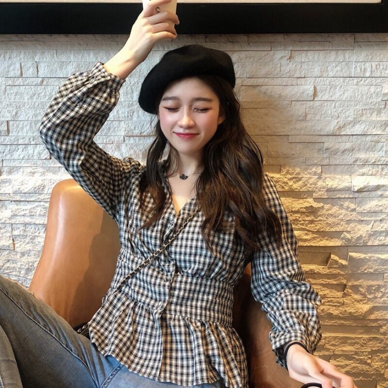 シャツ スプリングVネック格子柄スタンダードショート ロング レトロ 春物 1号婦人41276921125