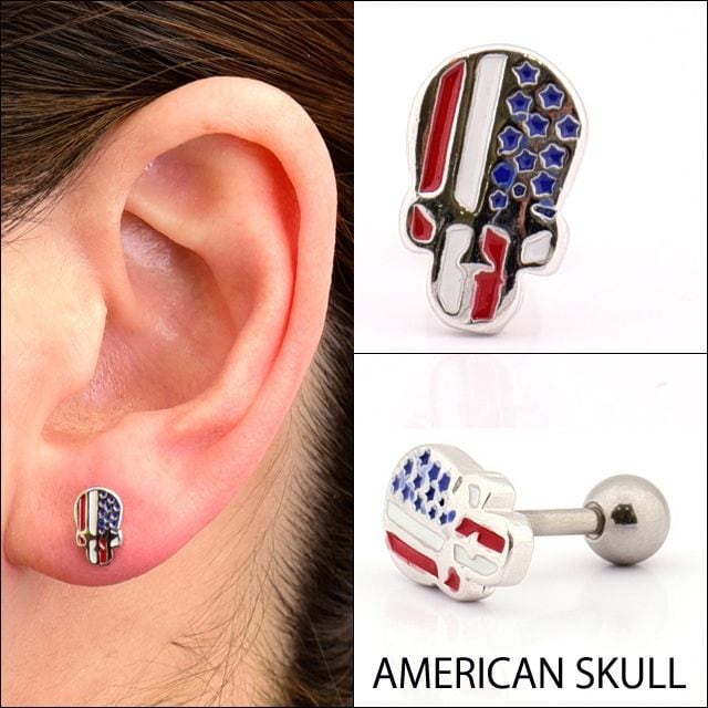 ボディピアス 16G アメリカ国旗 スカルフェイス ストレートピアス ロブ