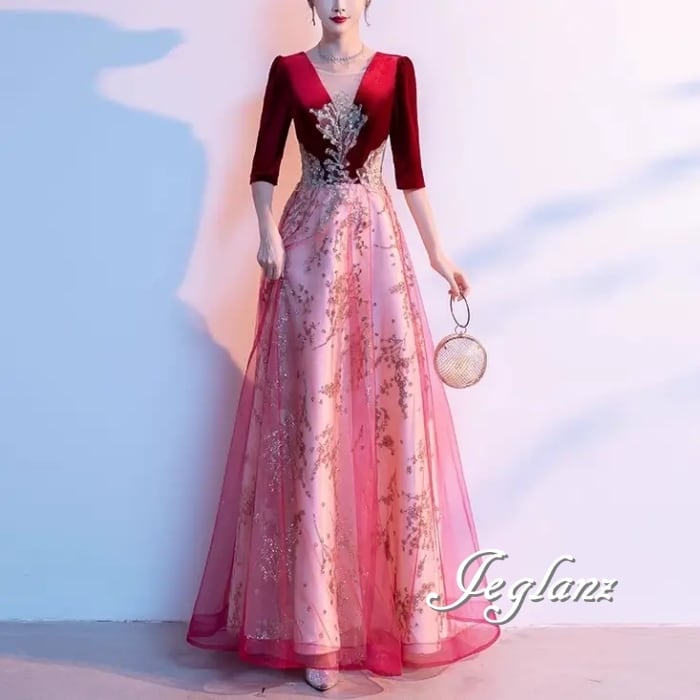 美ライン イブニングドレス バイカラー ビジュー 5分袖 2色 (MB104)ζ