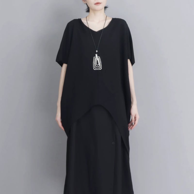 Vネック 半袖 アシンメトリー裾 ゆったり カットソー 1color T0508
