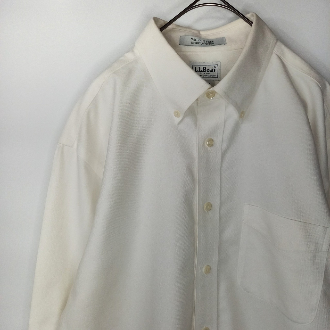 防シワ　エルエルビーン　オックスフォード　BDシャツ　長袖　無地　ポケット　白