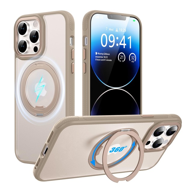 Tekka iPhone 14 Pro 用 ケース【360°回転スタンド・MagSafe対応】耐衝撃 薄型 リング一体型 スタンド付き スマホケース 米軍MIL規格 指紋防止 黄変防止 カメラ保護 動画視聴 撮影にも便利 (マット_ゴールド, iPhone 14 Pro)