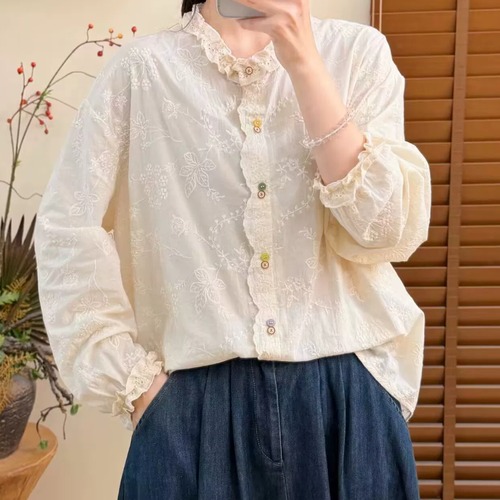 3色/Wボタンボタニカル刺繍ブラウス ・12480