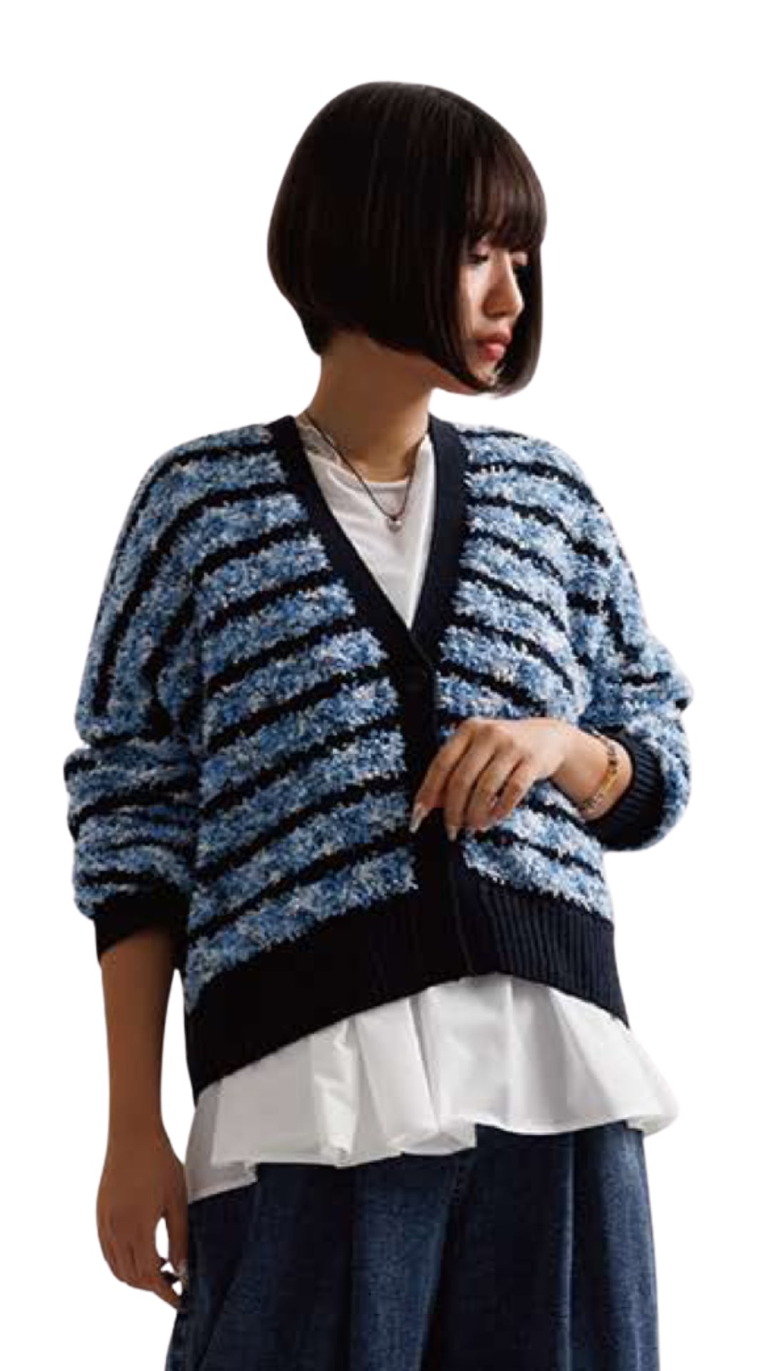 ayane リボンヤーンボーダーニットカーディガン No.816310 ベージュ ネイビー 9号 Mサイズ アヤン セットアップ対応