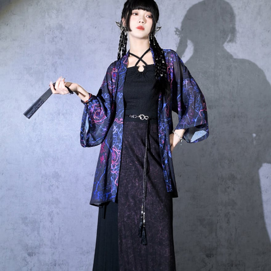 ゴスロリ中華ゴシック羽織り黒×ブルー×ピンク骨柄シフォンサブカル衣装