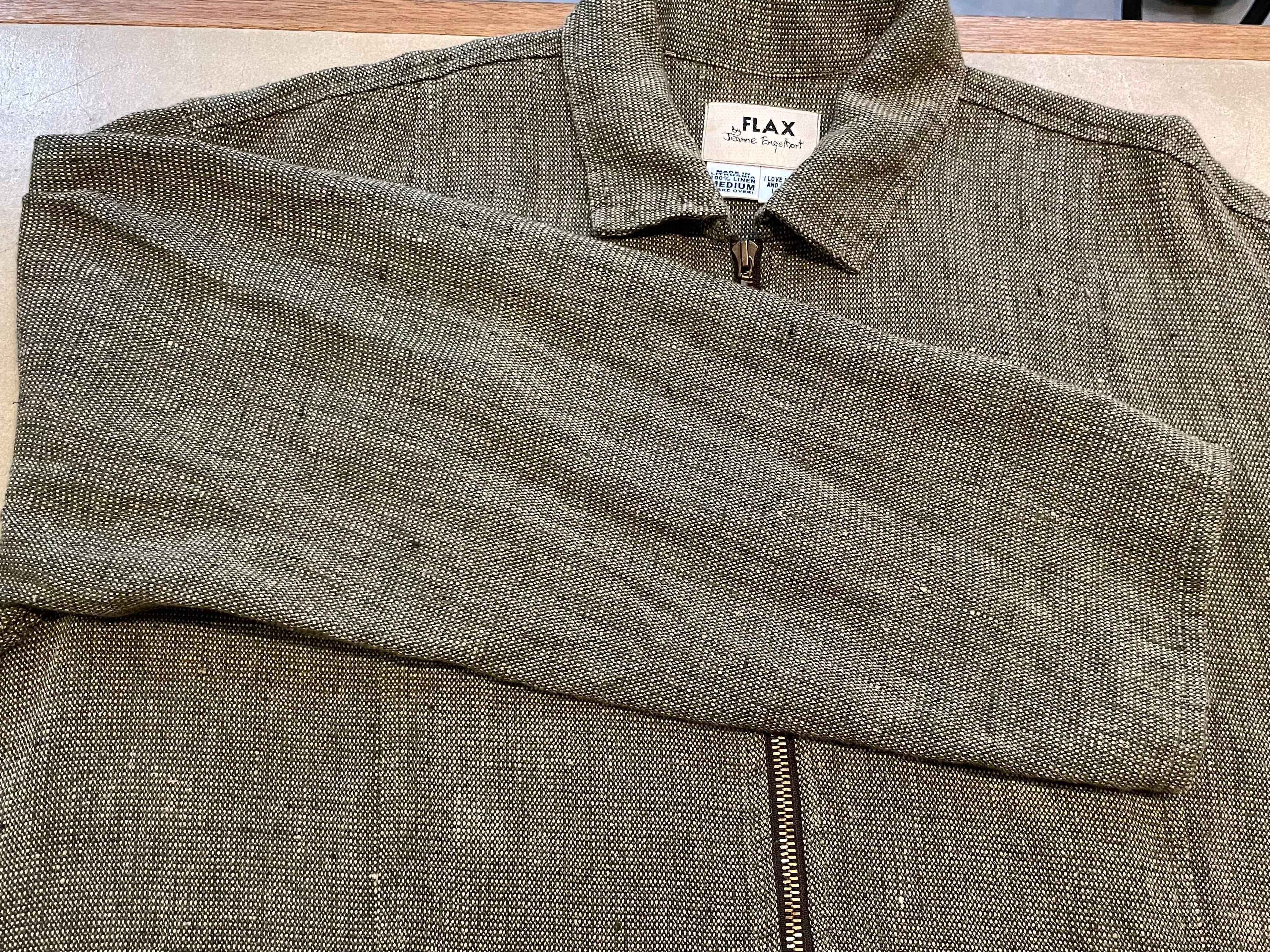90s FLAX mix olive Lithuania linen box silhouette zip up jacket