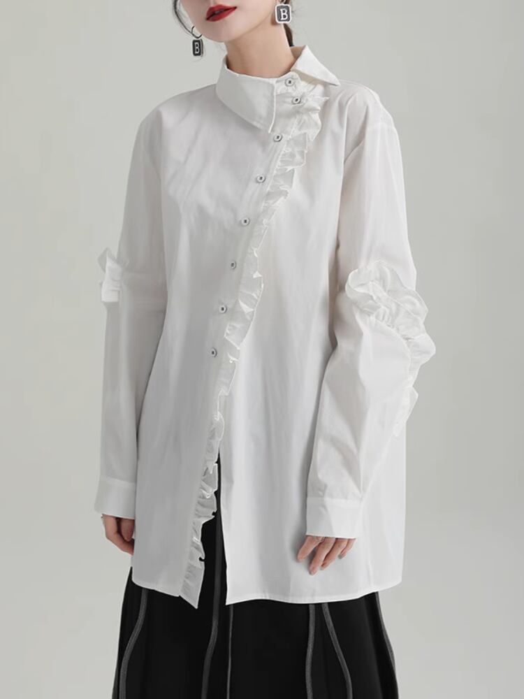 Asymmetric collar frill long sleeve shirt 2color［T091］ | Lilie