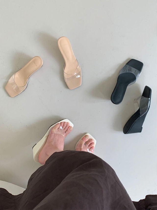 Clear Strap Square Toe Wedge Mules