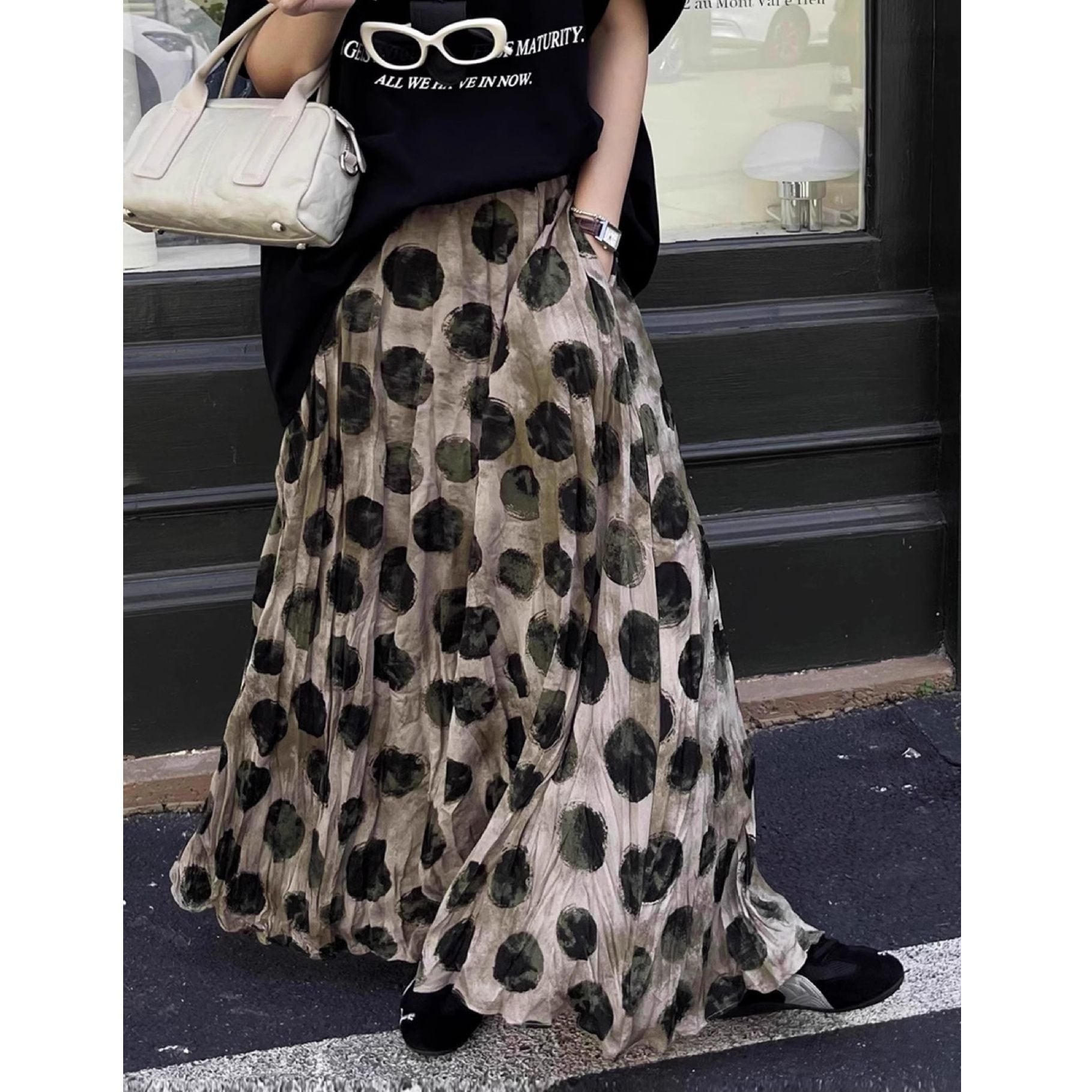 DOT A-LINE WRINKLED MAXI DESIGN SKIRT 2colors M-16120