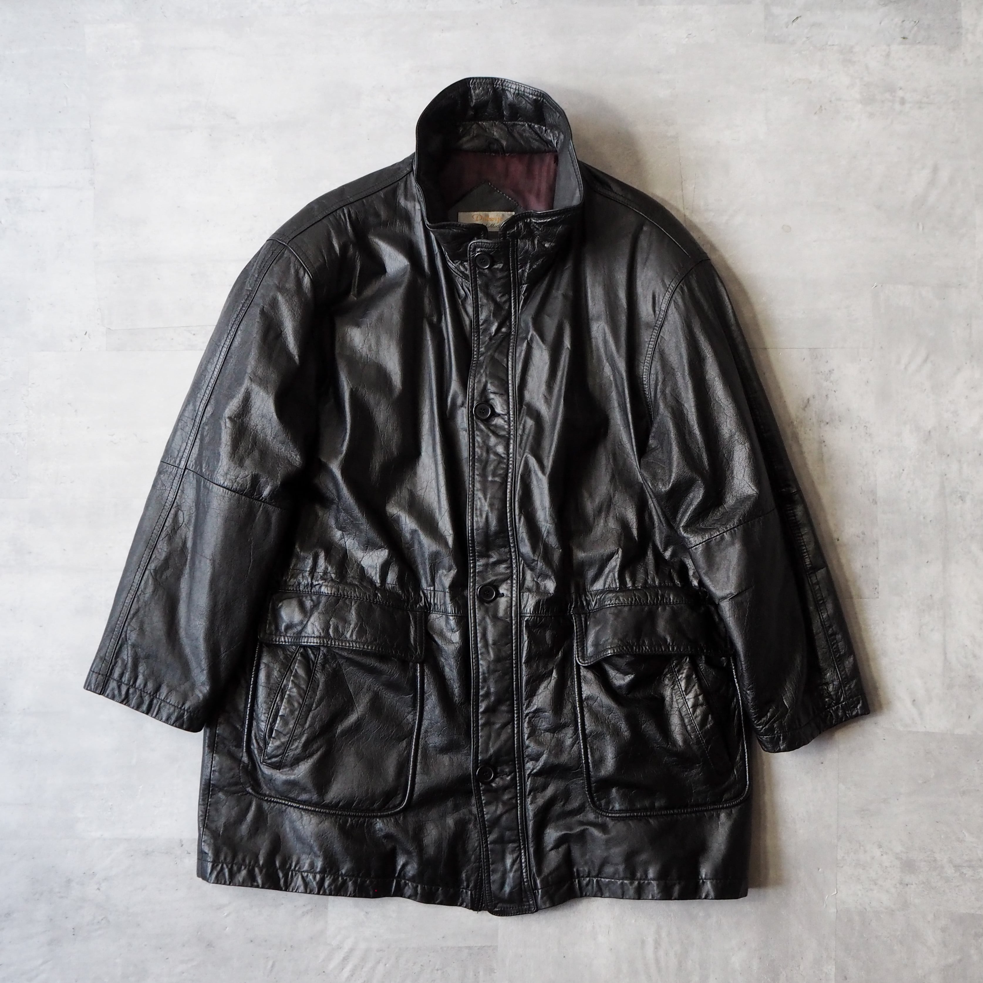 Black genuin leather stand collar car coat ブラック レザーコート ...