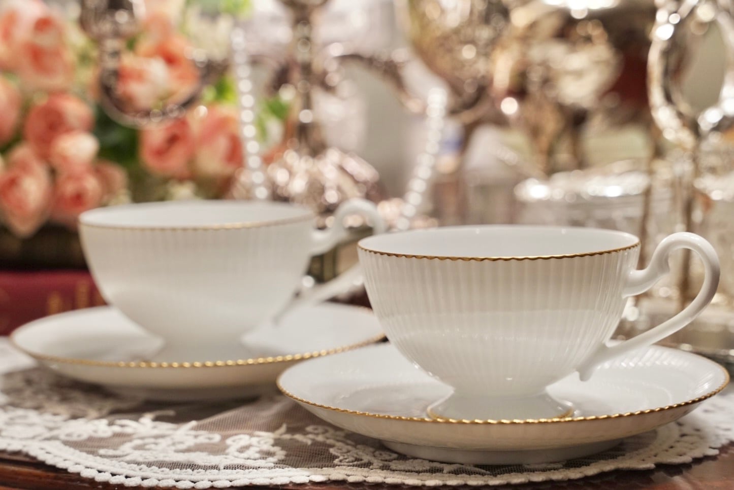 【Noritake】ノリタケ ダイヤモンドコレクション リブ 白磁 ティーカップ&ソーサー 廃盤 2客セット
