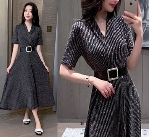 送料無料 未使用 発表会 舞台衣装 パーティ フォ－マル ラメ入り ニット素材 ワンピース 9号 M [OPN2227]