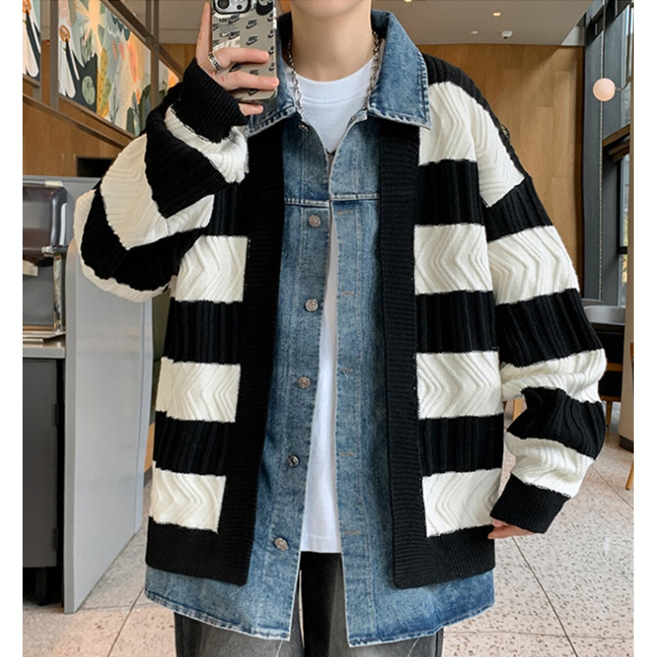 デニムシャツ レイヤード風 ニットカーディガン b40105 【M~4XLサイズ】