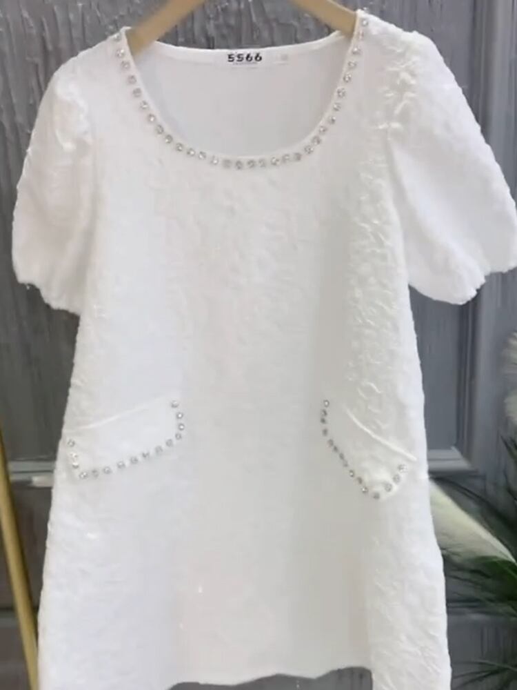 ラウンドネックダブルポケットプリーツスリーブドレス 大きめサイズ 大人ガーリー スウィート キュート カジュアル Oネック ヨーロピアン ミックスインファッション22872991501