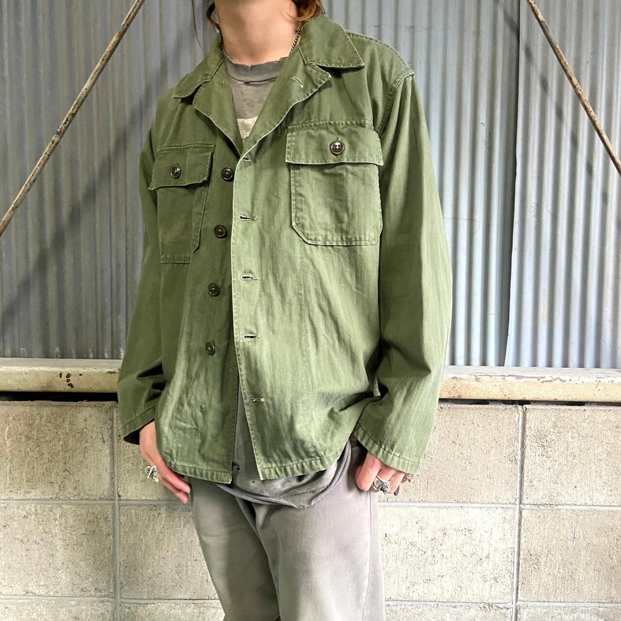 40〜50年代 U.S.ARMY 米軍実品 M-47 HBT ユーティリティシャツ SMALL 