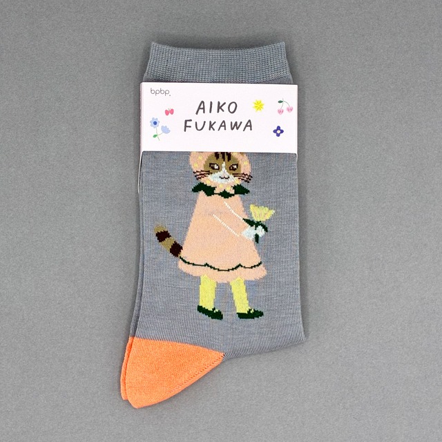 【Aiko Fukawa】布川愛子 SOCKS お花を運ぶ猫  グレー ソックス
