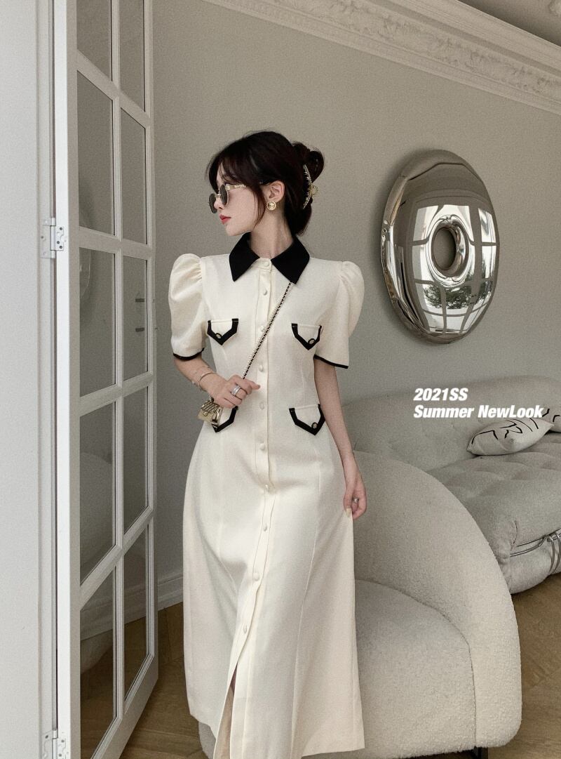 ドレス スリーブスタンダード半袖サマースカート ショート ホワイト レトロ ハーフスリーブ 夏物 ブラックストロベリース99060881450