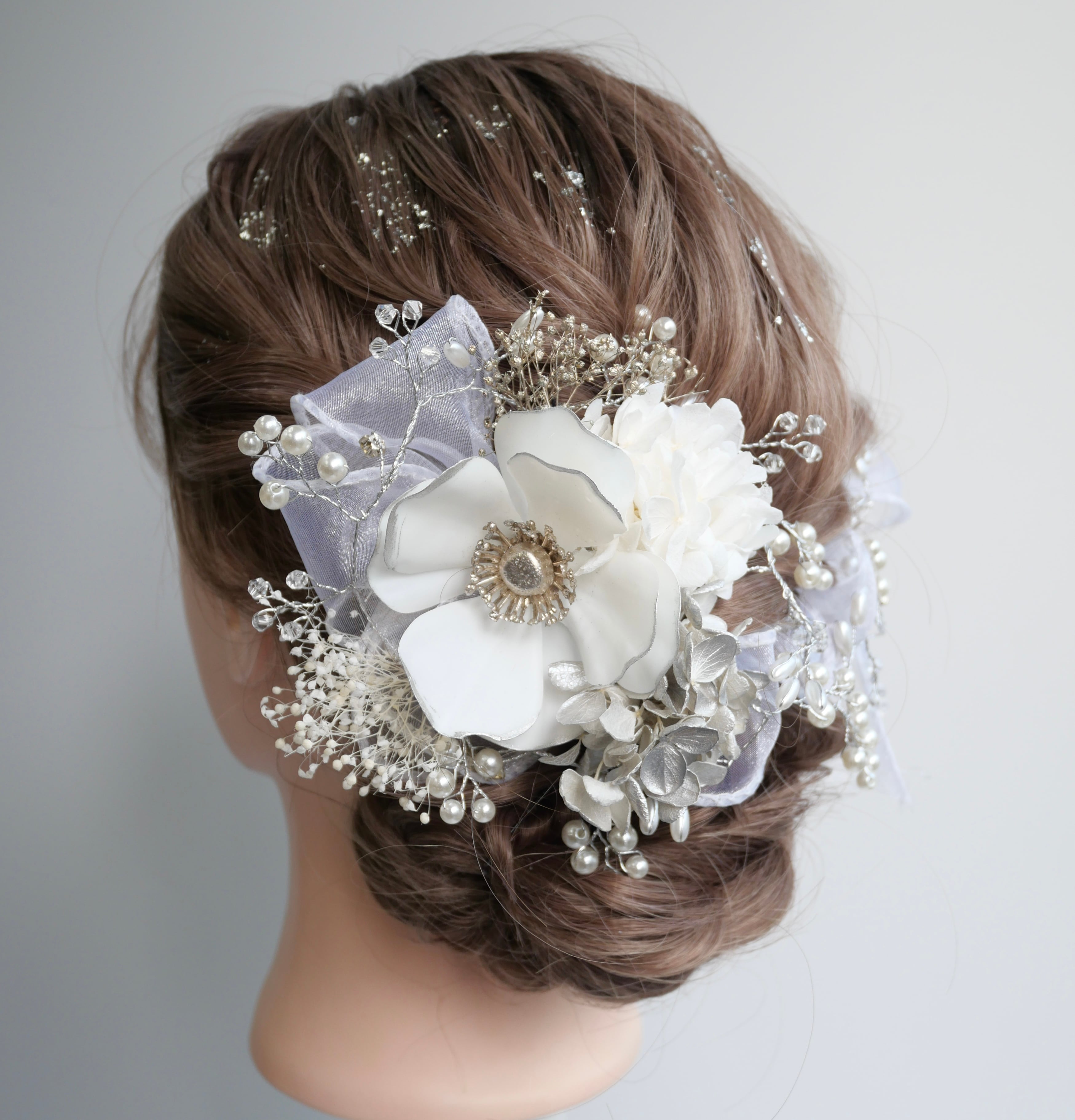 A028 シルバー 小枝のパール髪飾り 成人式 卒業式 前撮り 結婚式