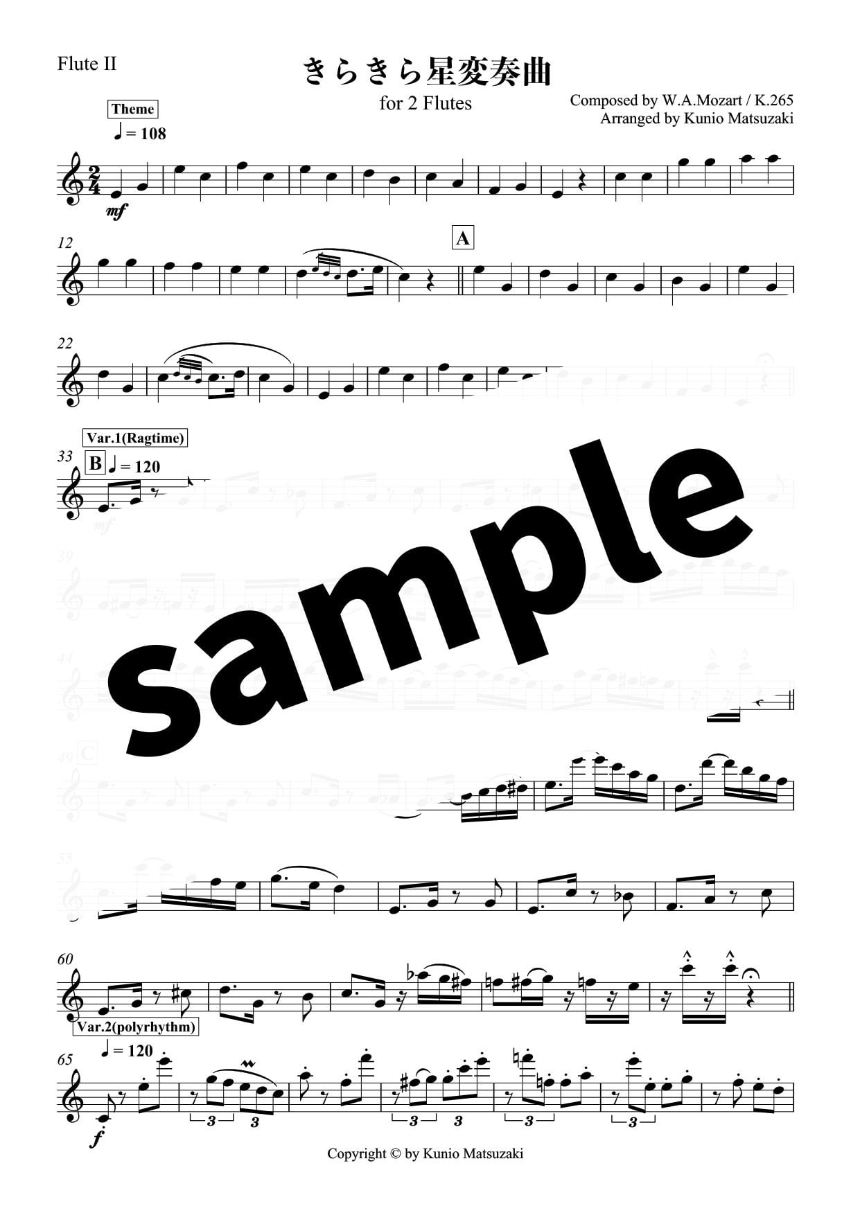 PDF】きらきら星変奏曲 (2Fl) モーツァルト作曲 / 編曲:松﨑国生