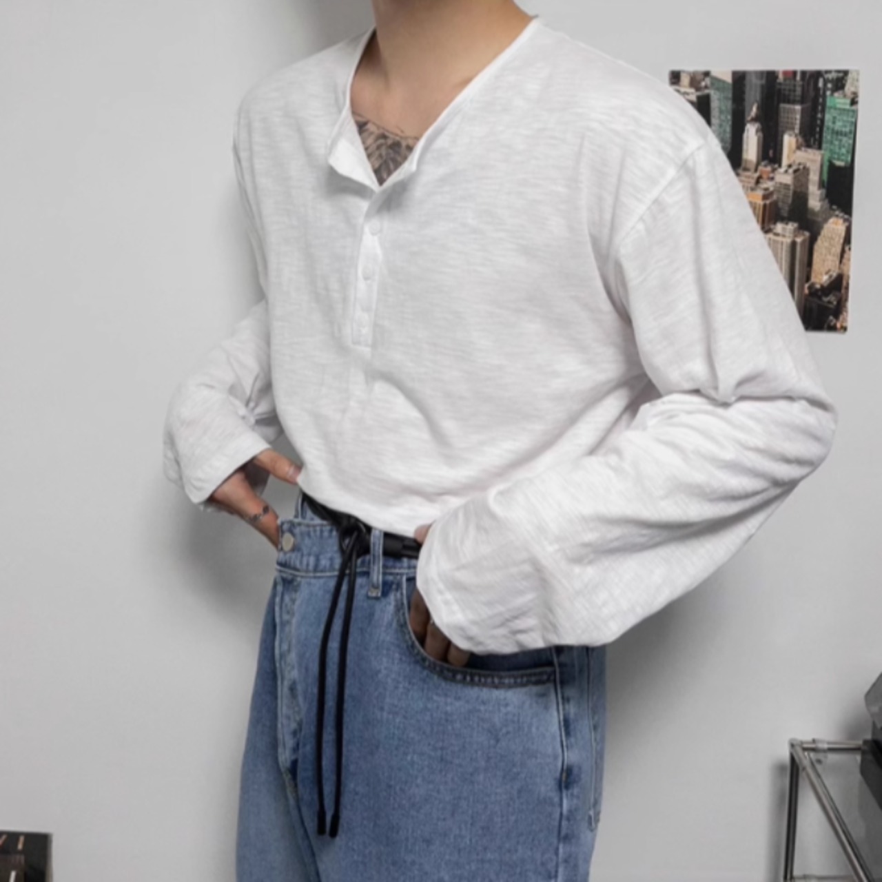 ヘンリーネックルーズロングTシャツ　0837