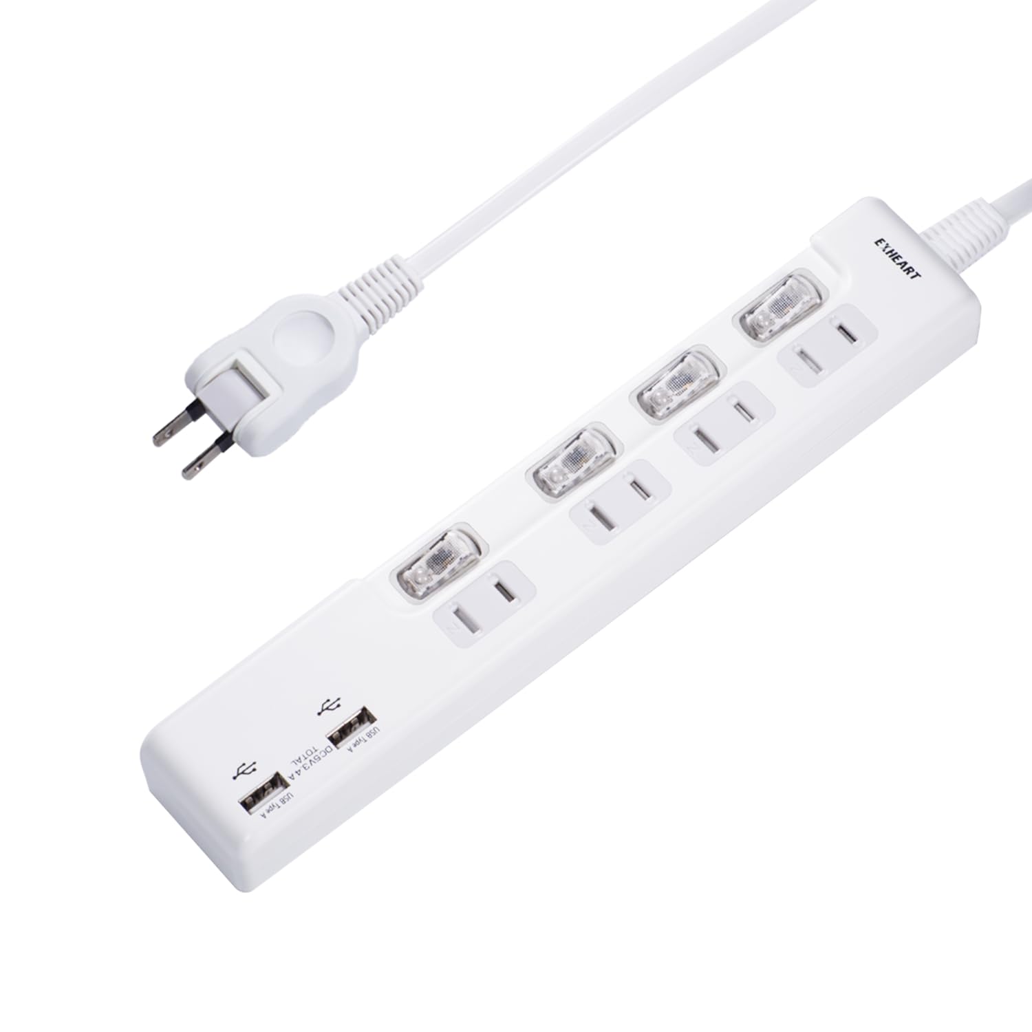 EXHEART USBポート付スイッチタップ 3m (AC ×4 / USB ×2) 急速充電 延長コード (高出力 / 最大3.4A) コンセント 白 電源タップ スイッチ (可動式プラグ/ホコリ防止シャッター)