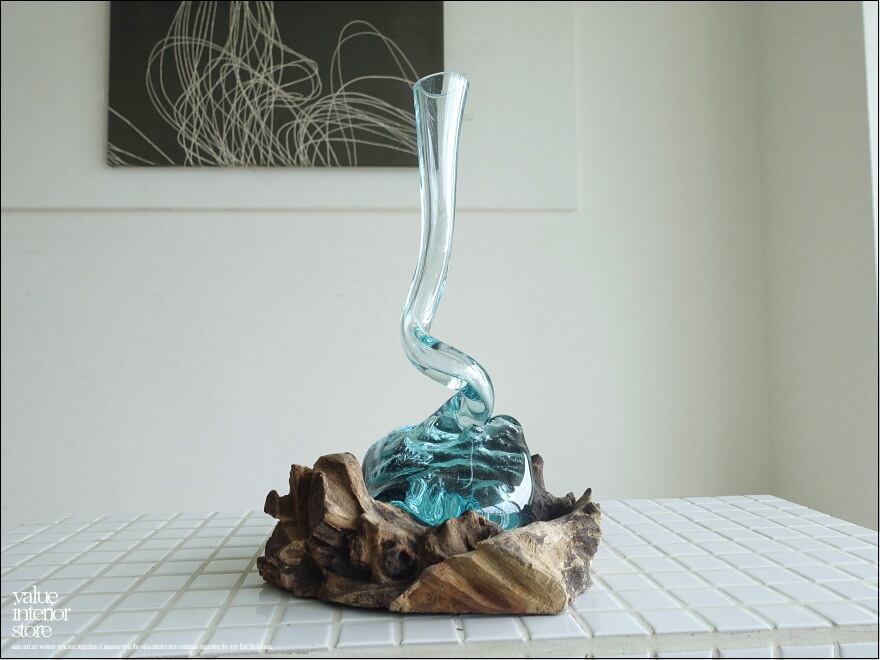 硝子フラワーベースspiral01 花瓶 プリミティブガラスベース 手作り 一輪挿し 一点物 ハンドメイド 無垢材 自然な様