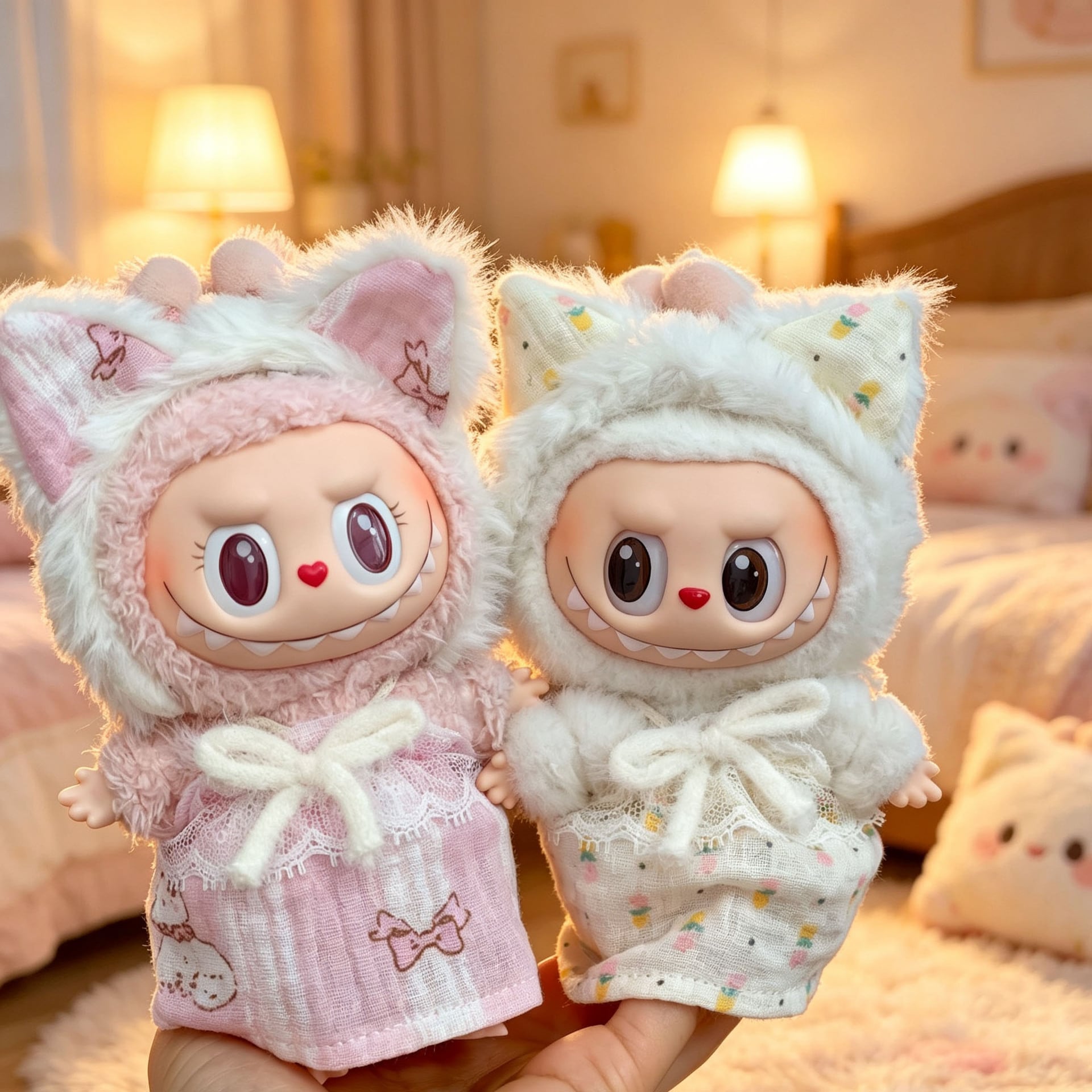 Labubu 1-3世代用 ルームウェア リボン付きワンピース+もこもこ猫耳