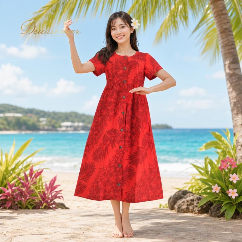 フラダンス 衣装 Muu Muu Mama ワンピース ドレス レッド系 赤 茶