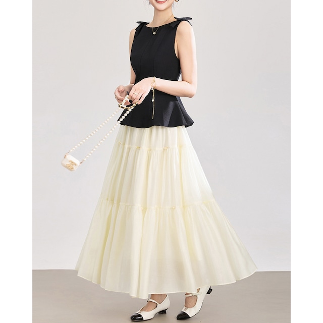 Bow Strap Peplum Top Tiered Skirt Set 2Colors 2603010