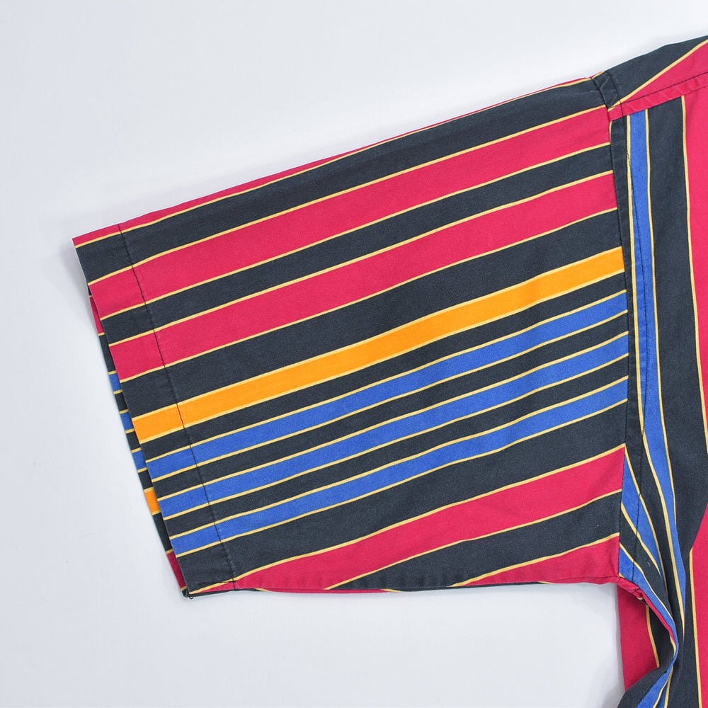 90s ZIZA ジザ マルチストライプ BDシャツ 半袖 刺繍ロゴ デザイン