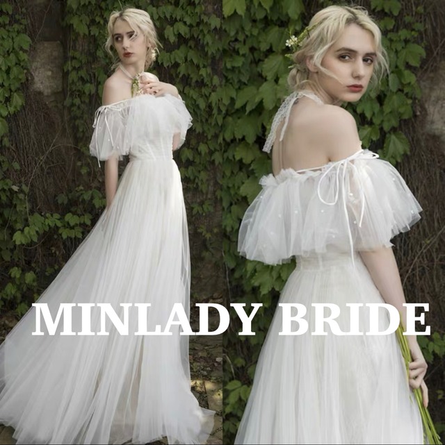 オフショルダー  シャーリング ウェディングドレス