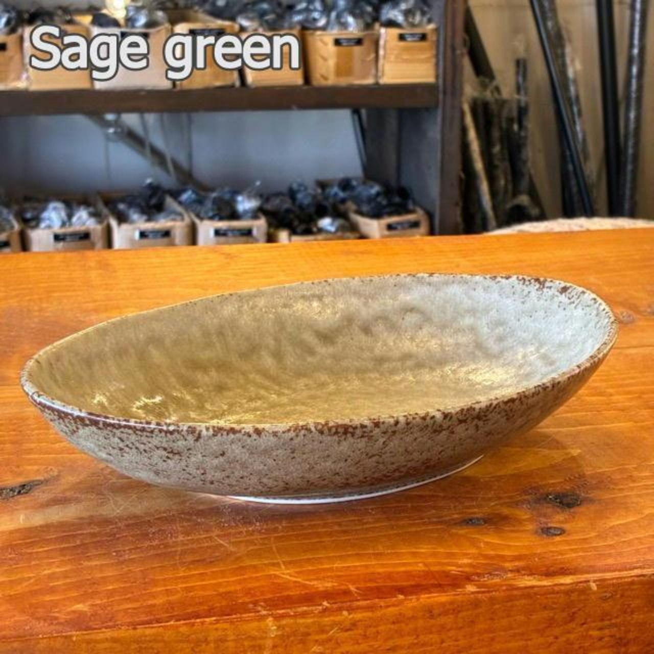 Mino ware Oval Curry Plate 24cm 2 colors: Matte White and Sage Green. Stackable. Microwave and dishwasher safe.
