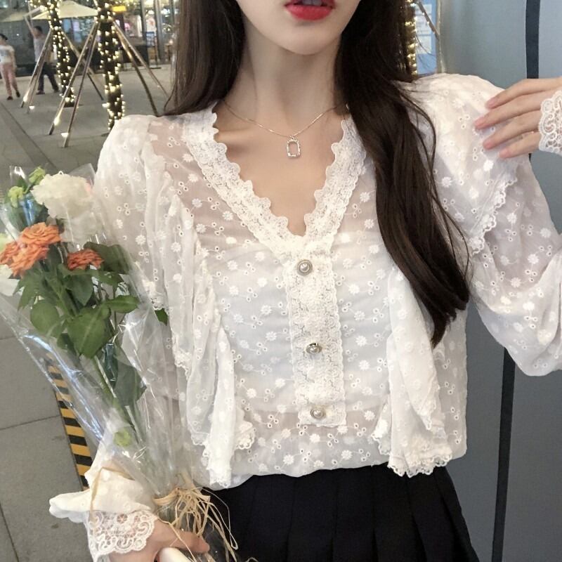 レース刺繍シフォンシャツ レディース薄手オータムトップス ロング 大人ガーリー スウィート キュート カジュアル 秋物 萌量不足46191813892