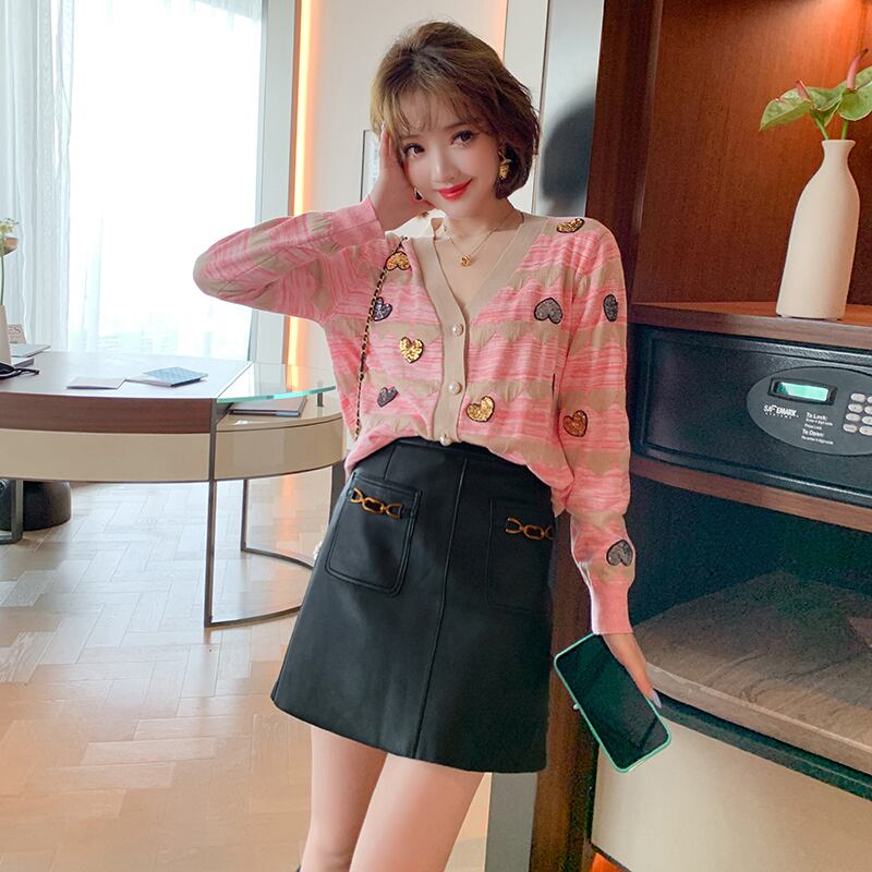 ストライプジャカードVネック長袖スリーブニットカーディガン ロング 大人ガーリー スウィート キュート カジュアル MIUCO14516205296