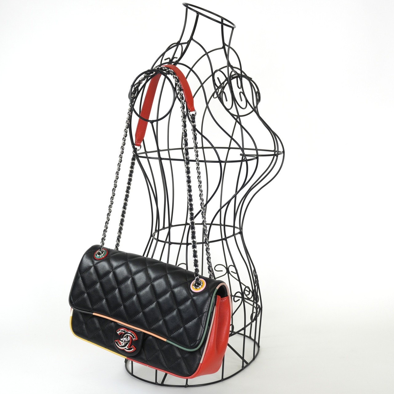CHANEL シャネル マトラッセ ラムスキン シングルフラップ ダブルチェーン ショルダーバッグ マルチカラー シルバー金具 23番台